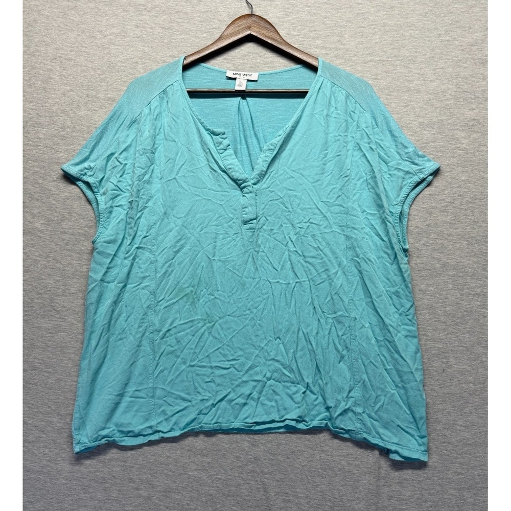 Nine West Blouse Top Women's 2XL Turquoise Relaxed Oversized Split Neck Pullover
